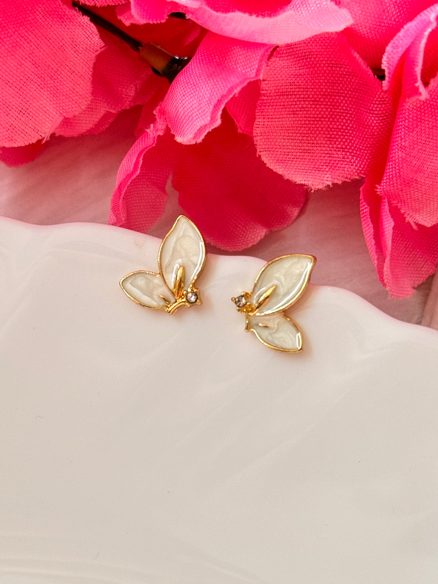 Korean Elegants Gold-Plated Butterflys Stud Earrings with White Enamel & Crystals Accents