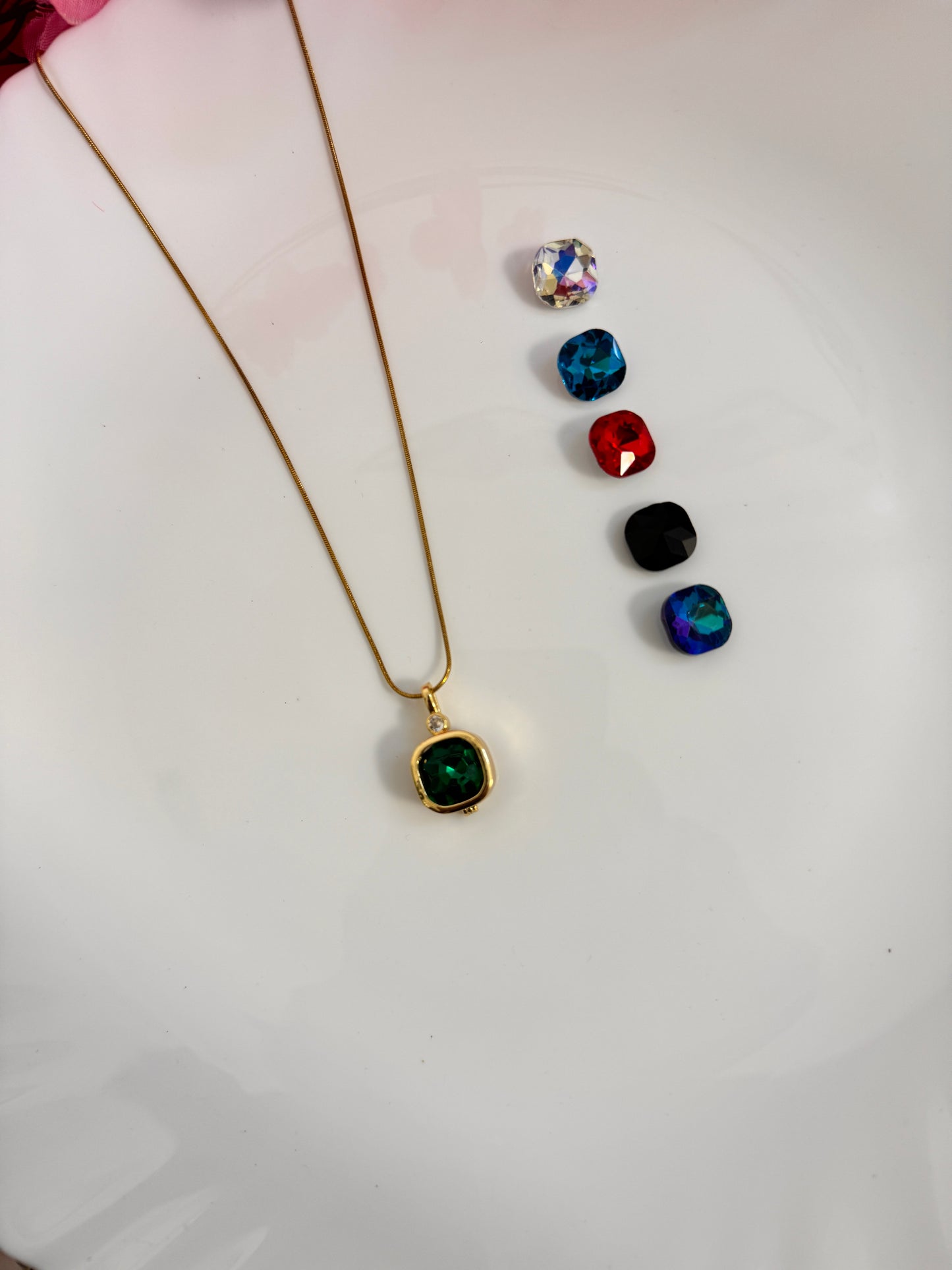 Gold-Plated Interchangeable Crystal Pendant Necklace with Multiple Colored Stones