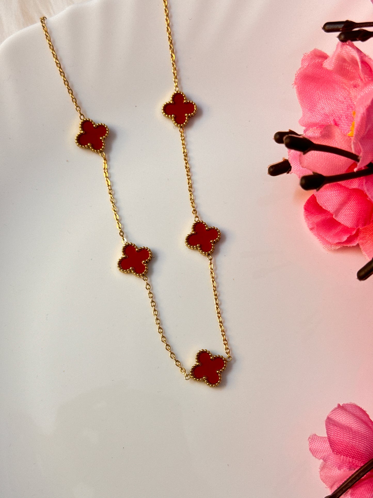 Elegant Red Clover Pendant Necklace | Anti-Tarnish Stainless Steel Fashion Jewellery for Women