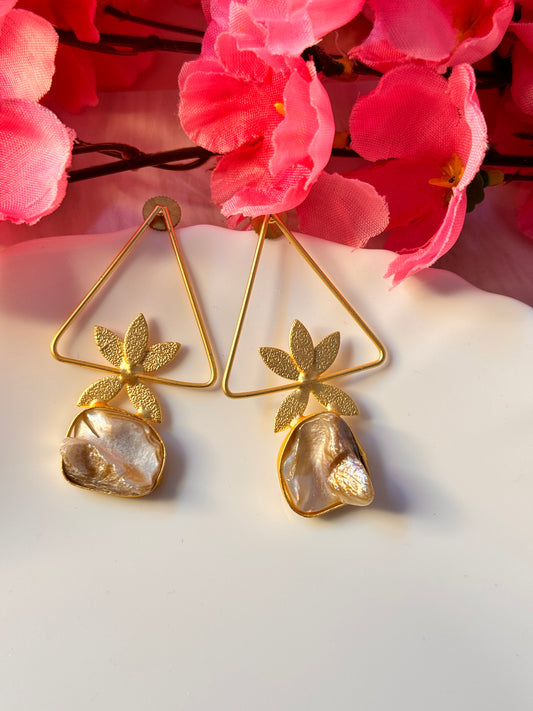 Triangular Uncut Stone Golden Brass Earrings