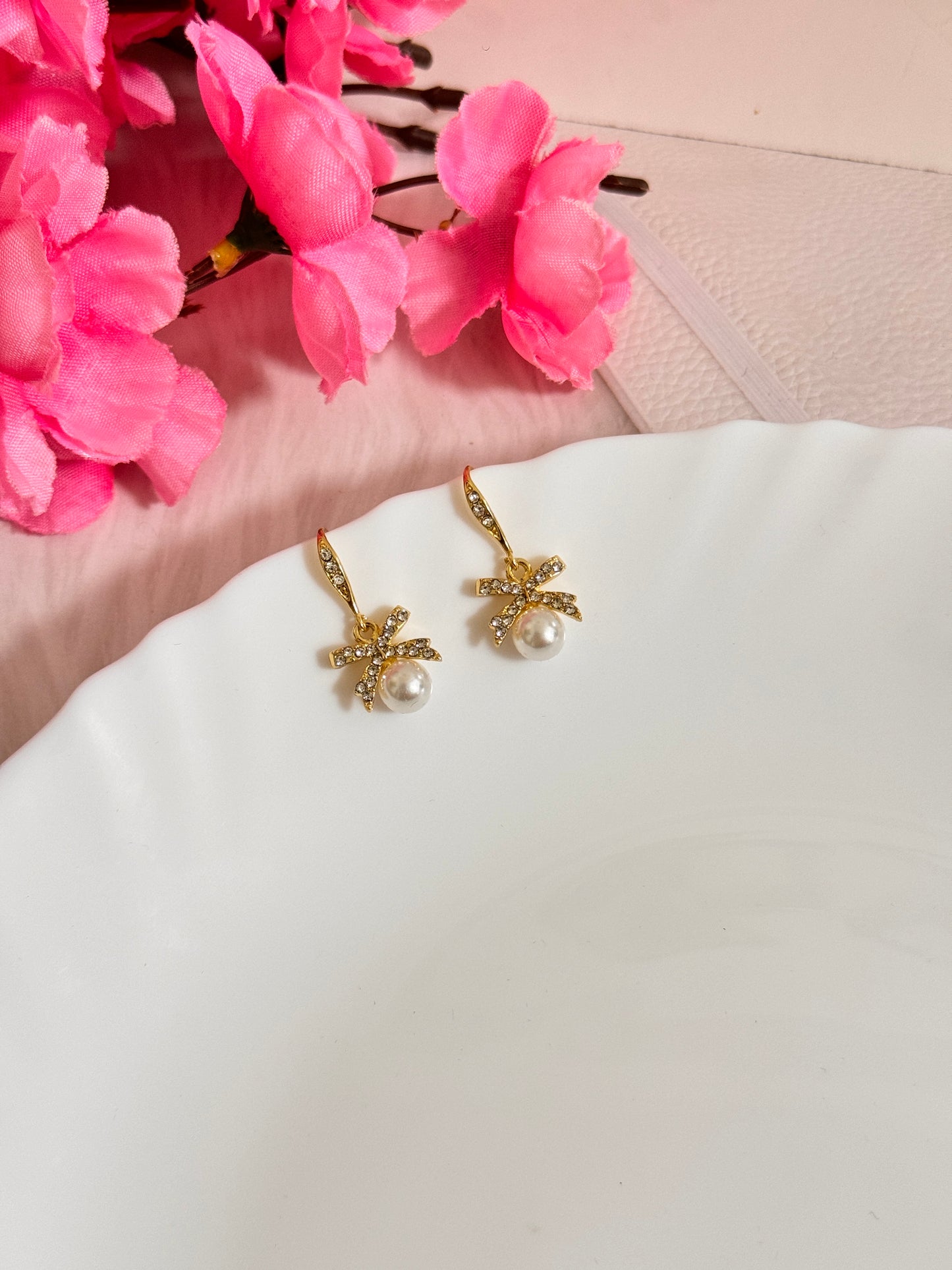 Gold Plated Bow Pearl Drop Earrings for Women – Elegant Party & Daily Wear Jewellery