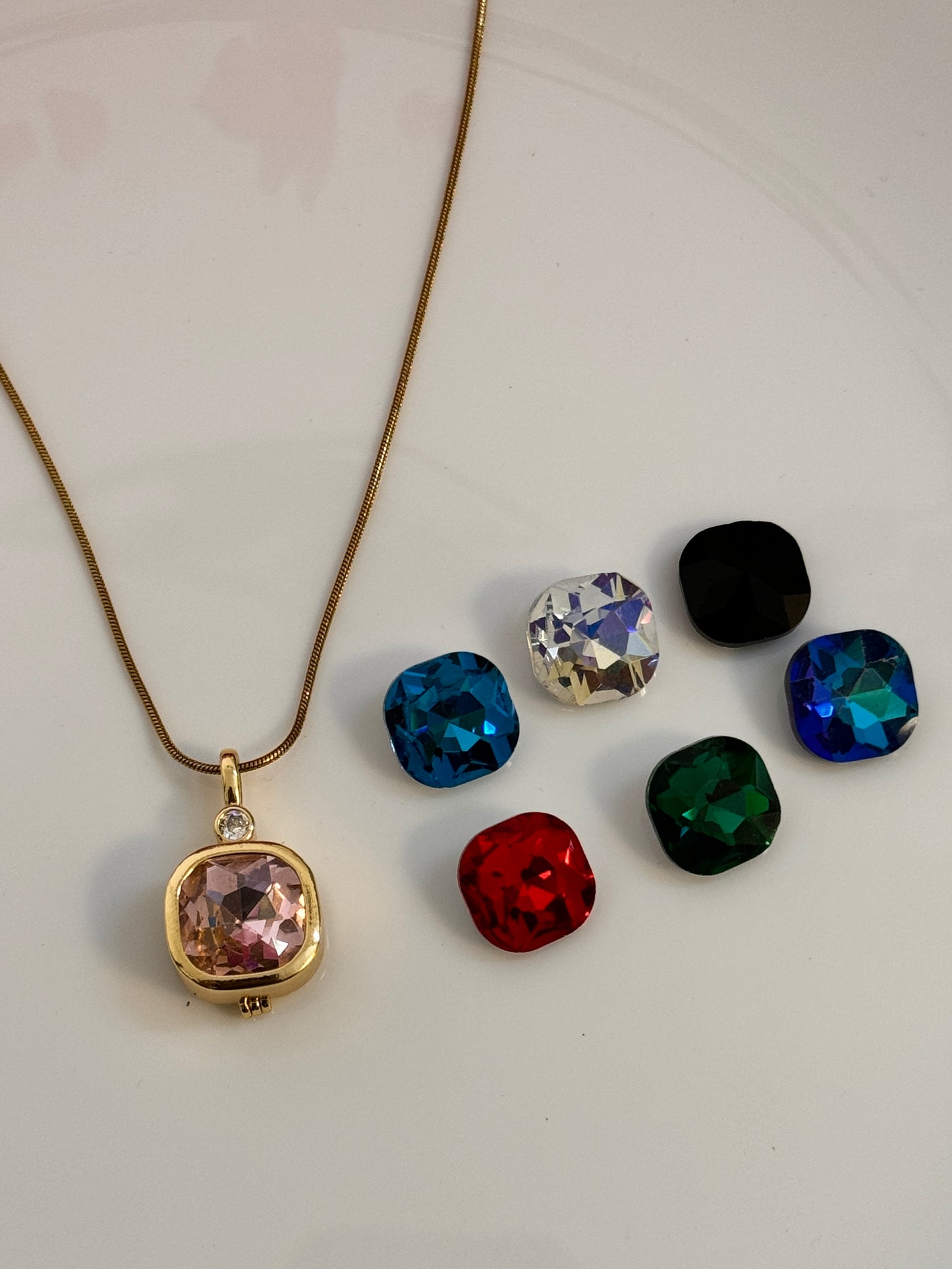 Gold-Plated Interchangeable Crystal Pendant Necklace with Multiple Colored Stones