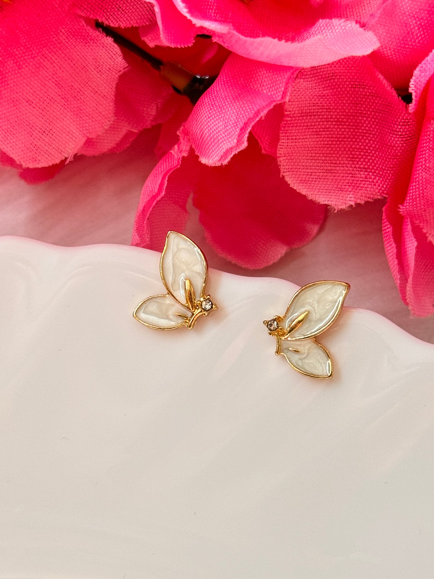Korean Elegants Gold-Plated Butterflys Stud Earrings with White Enamel & Crystals Accents