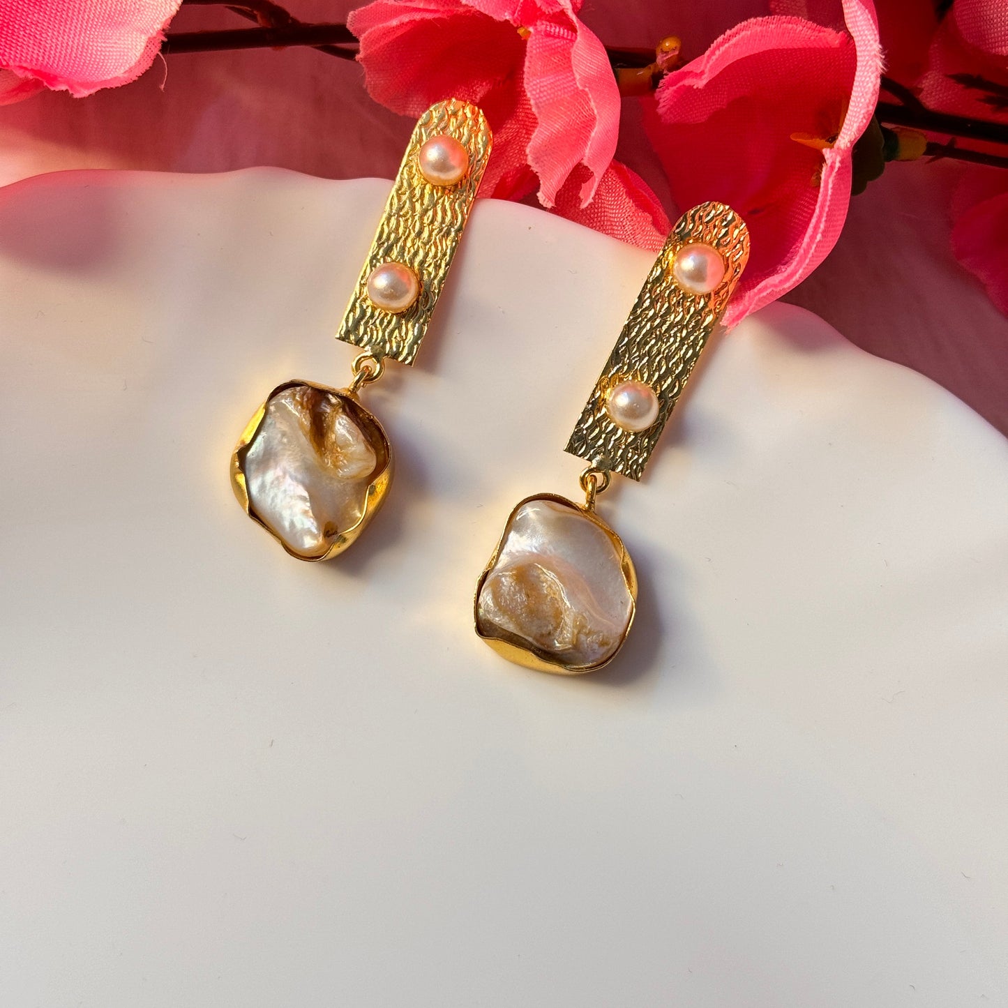 Gold Plated Pearl Studded MOP Hangings