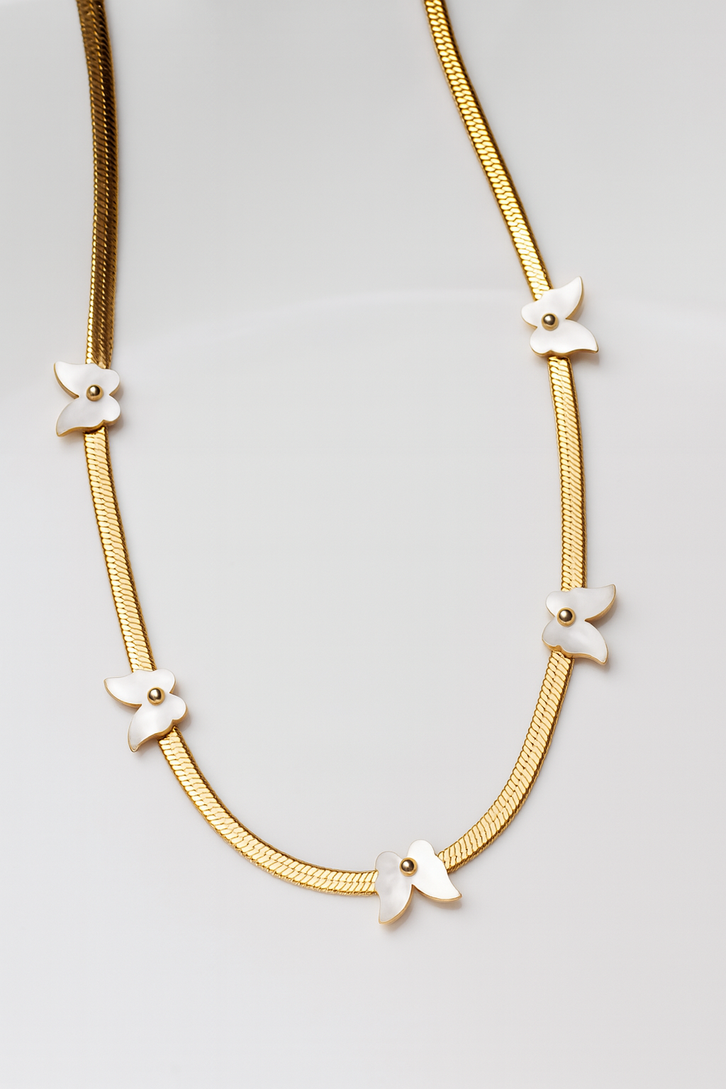 Gold Butterfly Necklace with Mother of Pearl Charms – Elegant Designer Snake Chain Jewelry
