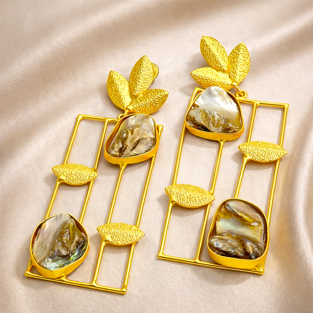 Leaf Uncut Stone Golden Brass Danglers