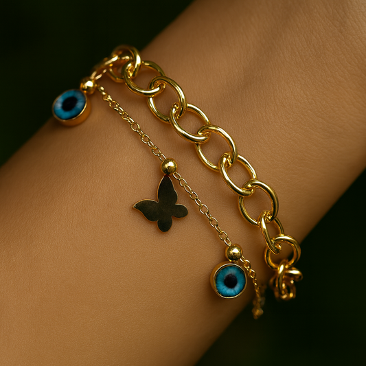 Gold Charm Bracelet with Butterfly & Evil Eye Charms – Anti-Tarnish Jewellery for Women