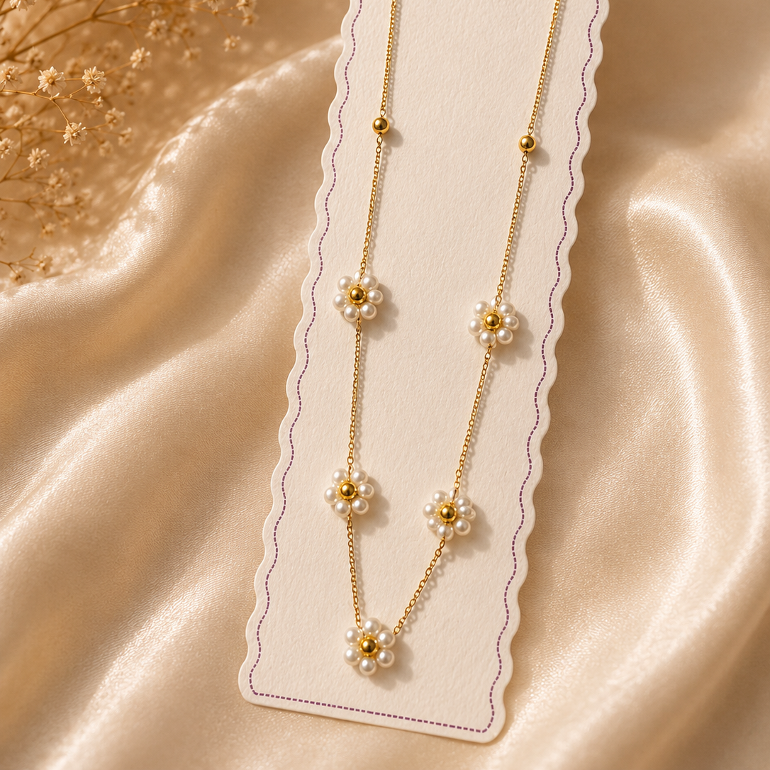 A delicate gold chain necklace with pearl flower motifs and small gold beads, displayed on a white scalloped card over a soft beige satin fabric background with dried flowers.