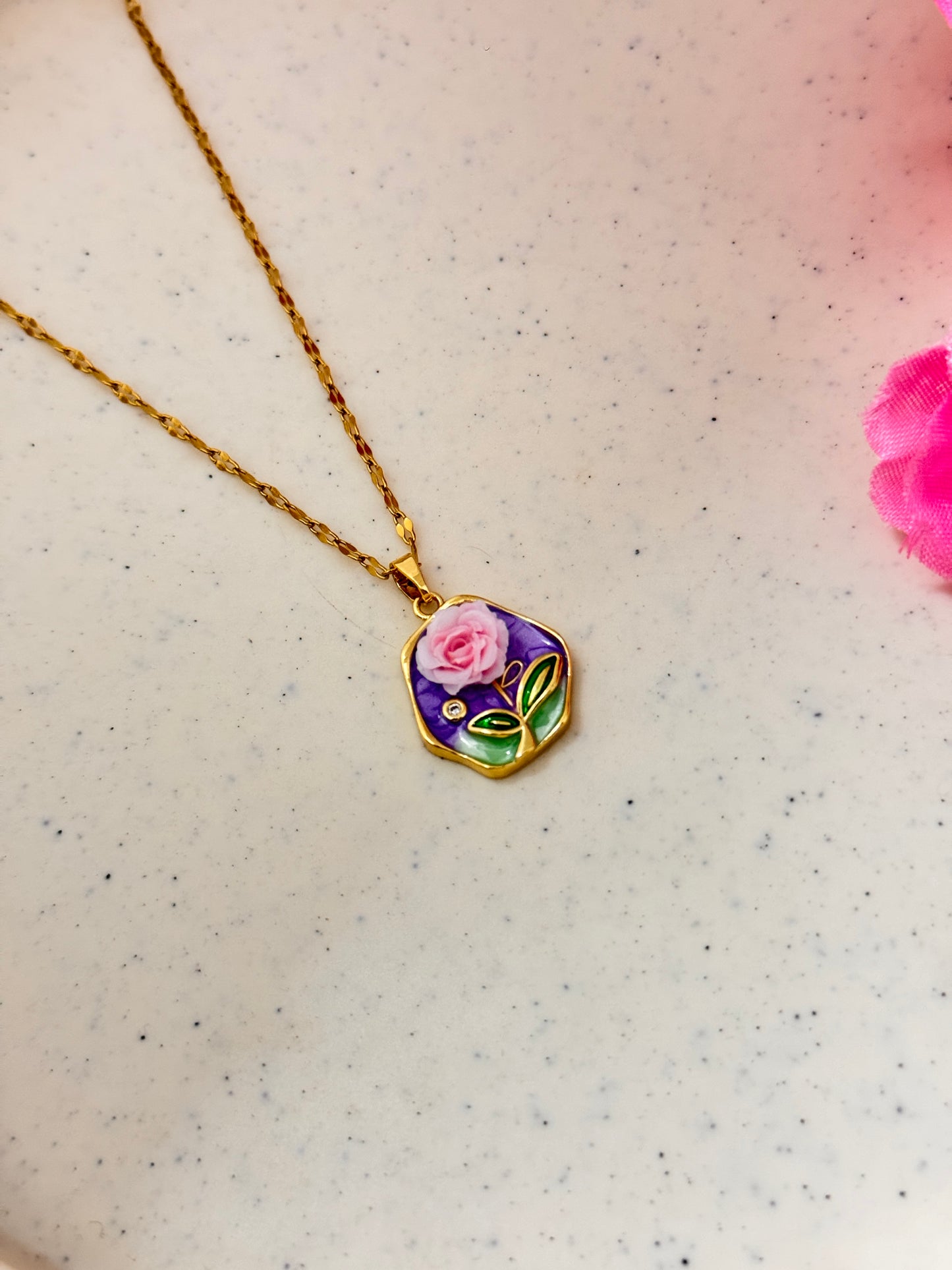 Enamel Rose Pendant Necklace – Gold Chain Floral Jewelry for Women