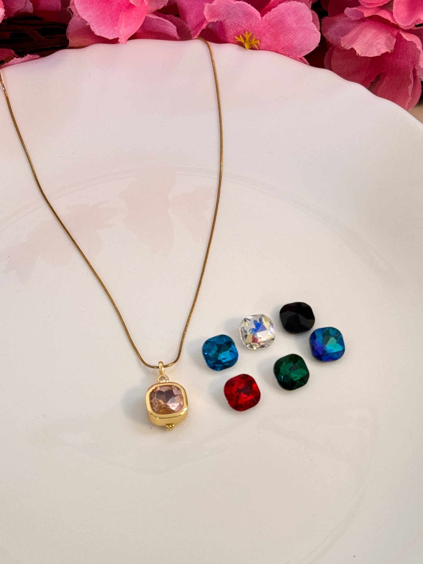 Gold-Plated Interchangeable Crystal Pendant Necklace with Multiple Colored Stones