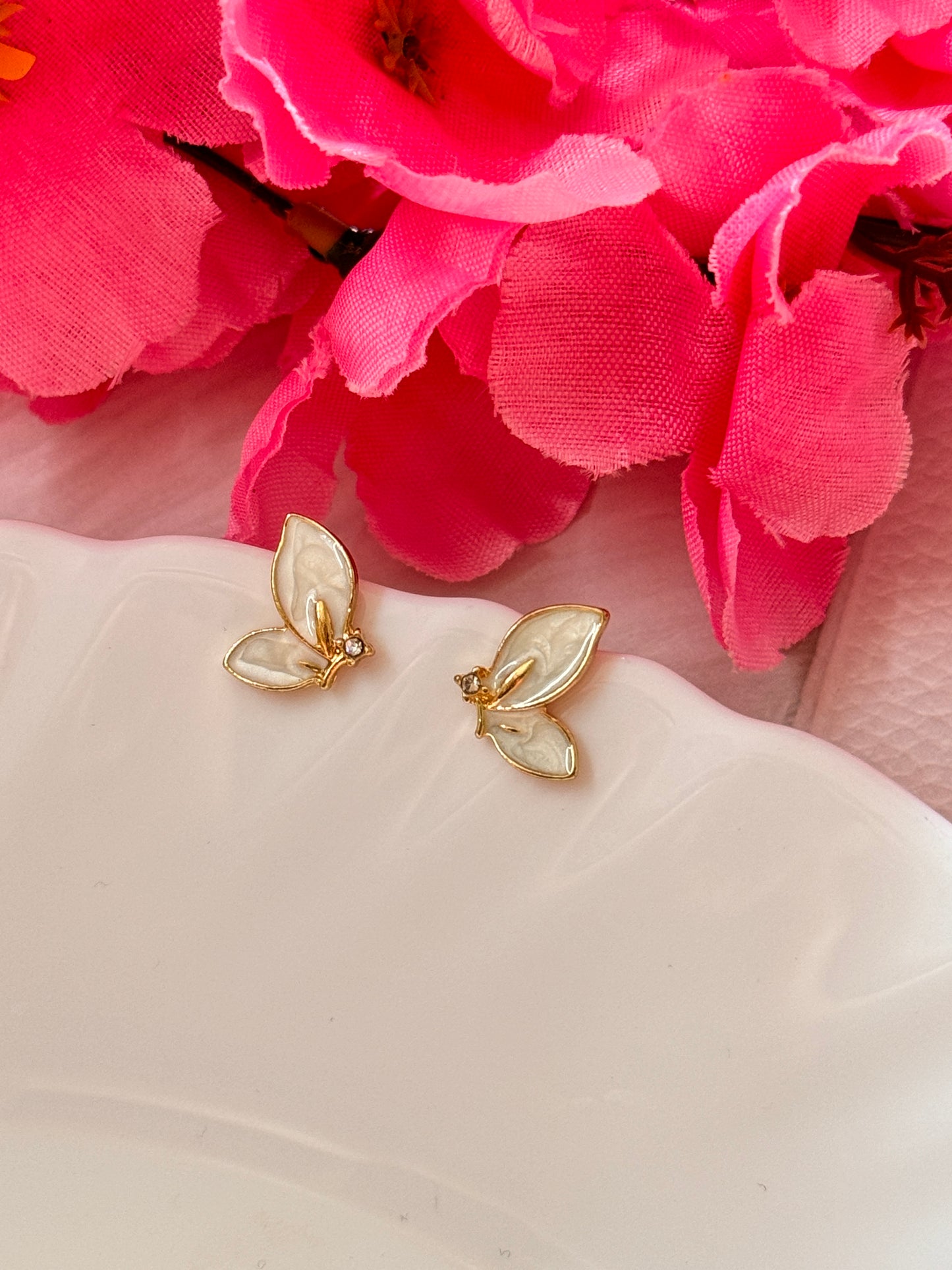 Korean Elegants Gold-Plated Butterflys Stud Earrings with White Enamel & Crystals Accents