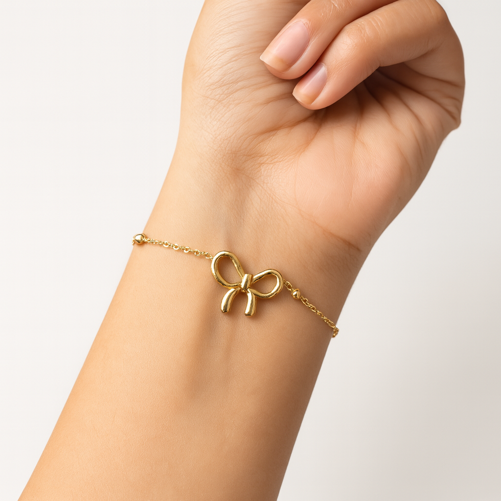 Gold Bow Bracelet for Women Adjustable Ribbon Bow Bracelet Gold Beaded Chain Bracelet for Women Trendy Bracelet Jewelry