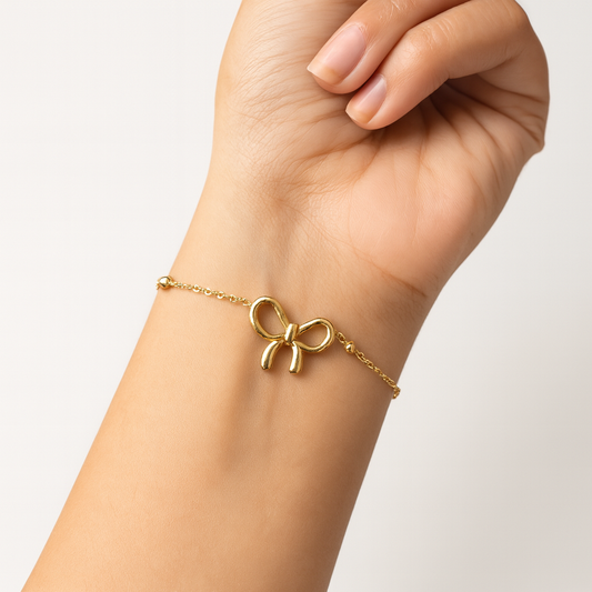 Gold Bow Bracelet for Women Adjustable Ribbon Bow Bracelet Gold Beaded Chain Bracelet for Women Trendy Bracelet Jewelry