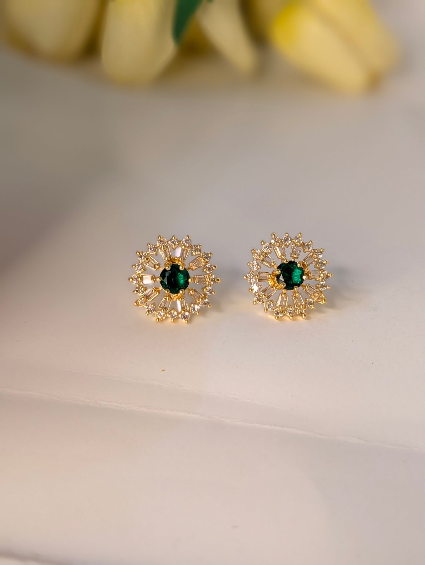 Gold Emerald Stud Earrings – Elegant Crystal Halo Design