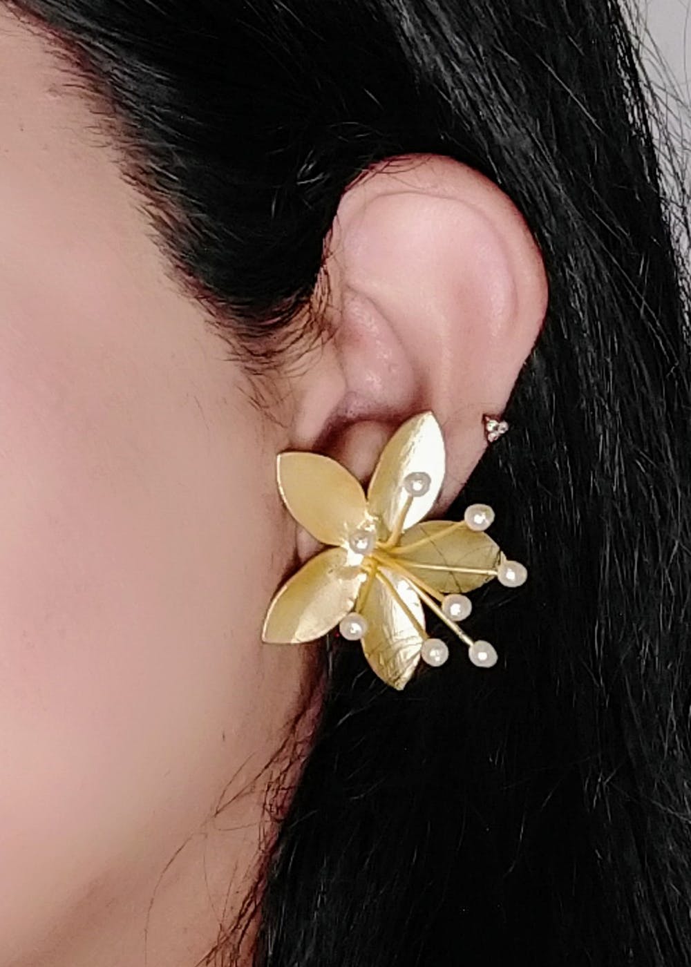 Gold Floral Pearl Stud Earrings