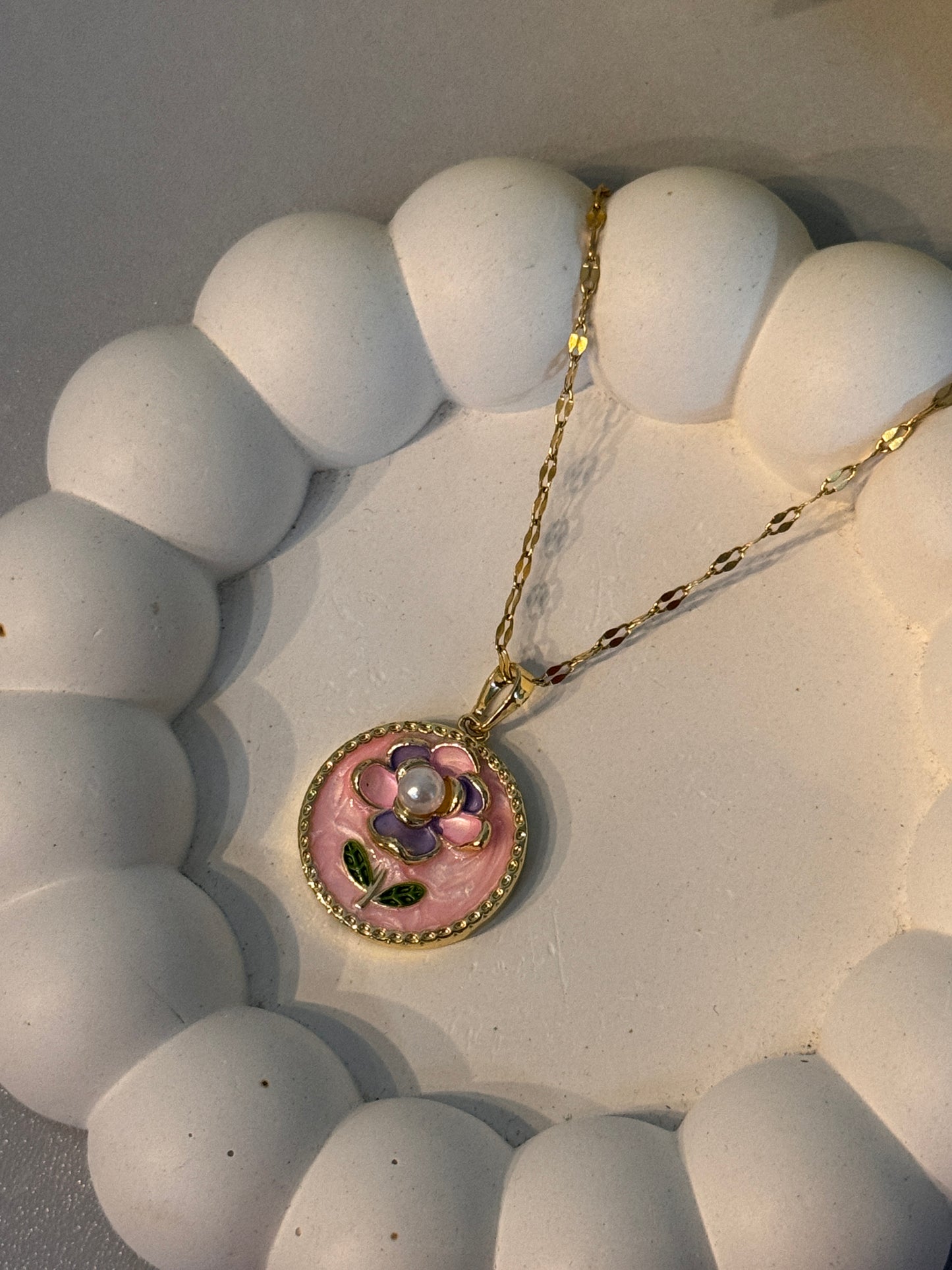 Pink Enamel Flower Pendant Necklace | Gold Plated Floral Jewellery with Pearl Accent
