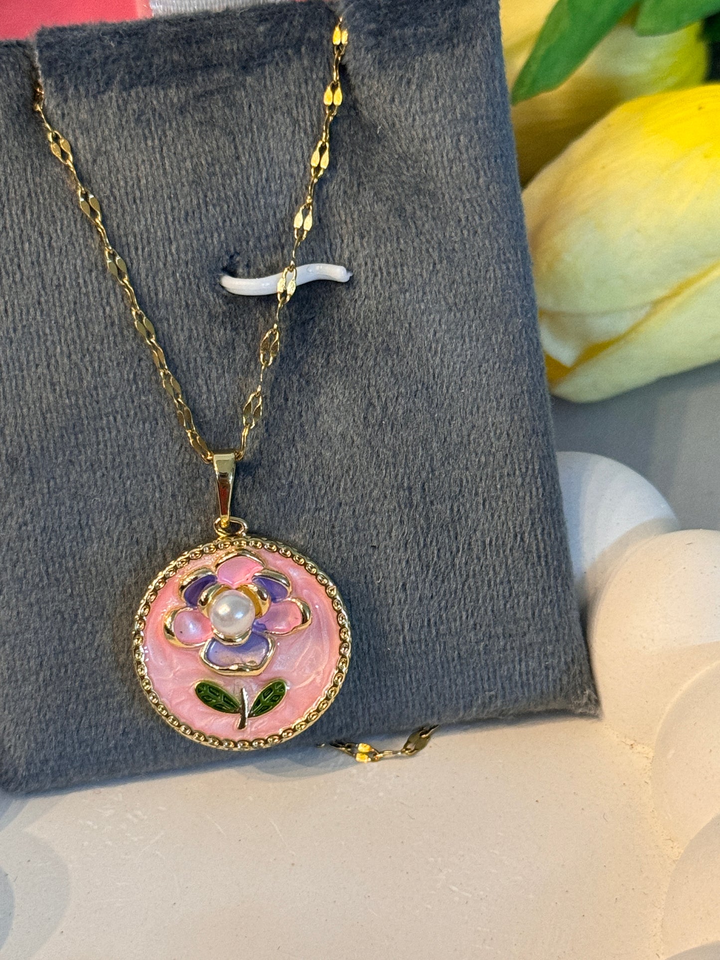 Pink Enamel Flower Pendant Necklace | Gold Plated Floral Jewellery with Pearl Accent