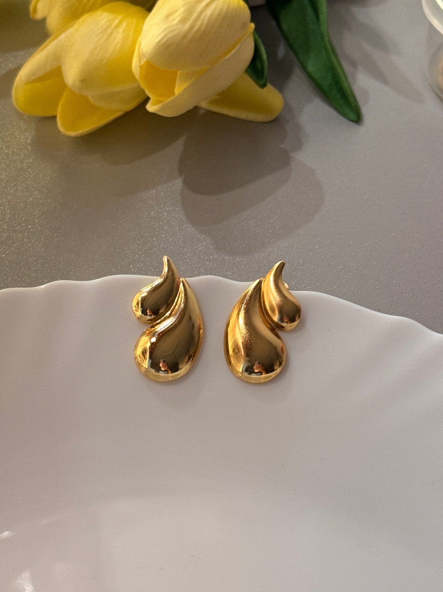 Golden Drop Stud Earrings – Elegant Molten Metal Anti-Tarnish Earrings for Women | Priya Jewellery