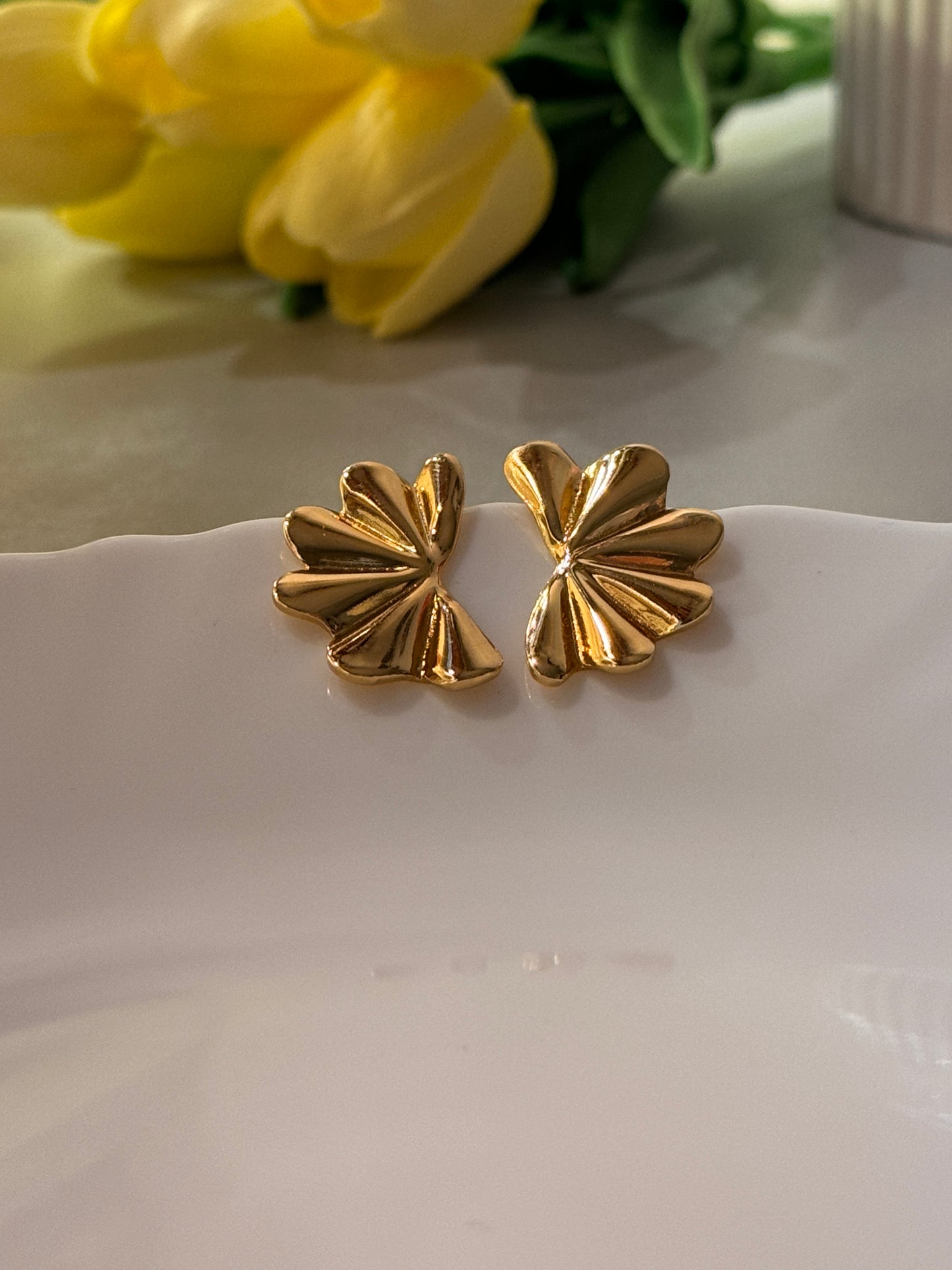 Golden Fan Statement Stud Earrings – Elegant Anti-Tarnish Designer Earrings for Women | Priya Jewellery