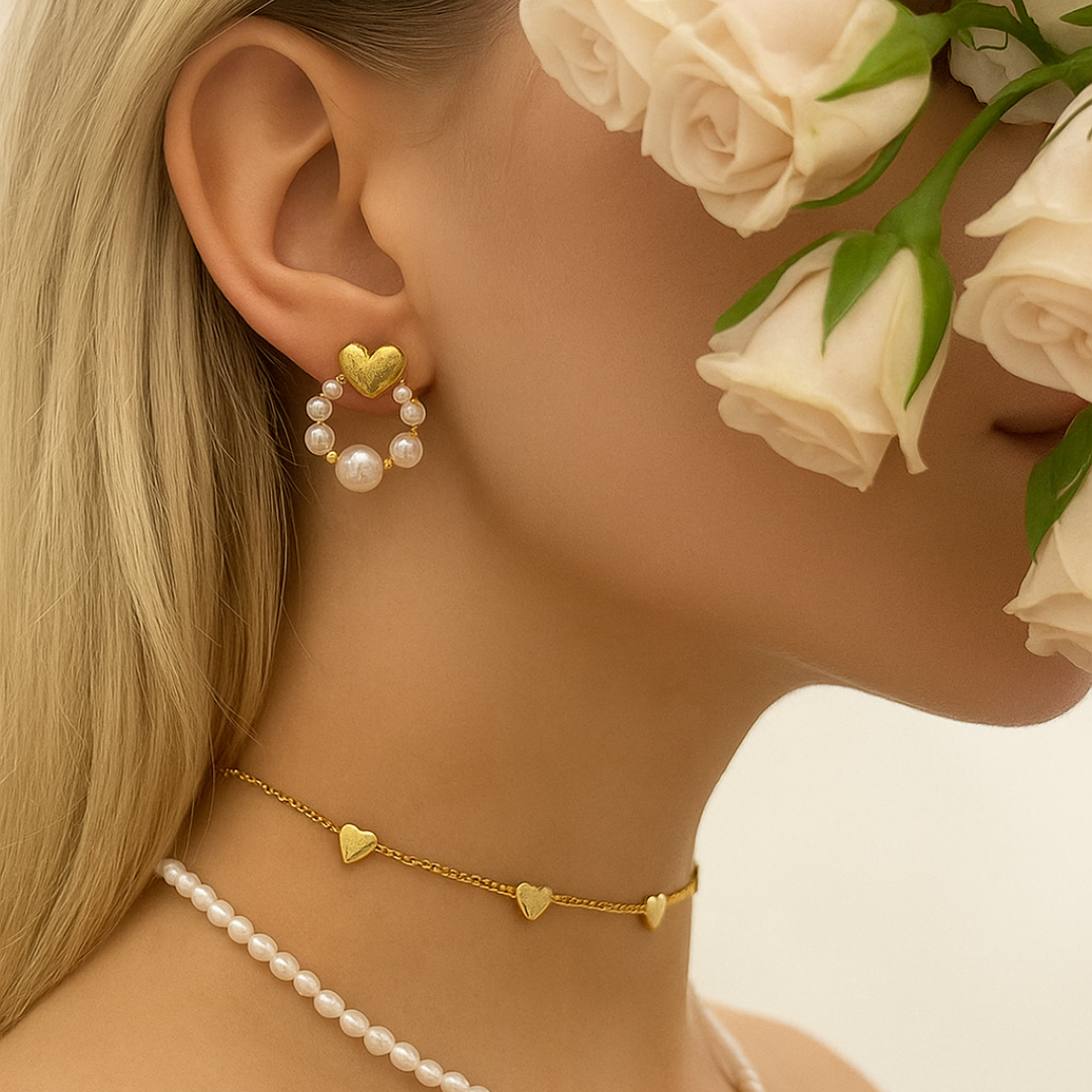 Dainty Pearl Hoop Earrings with Golden Heart – Trendy Fashion Jewelry