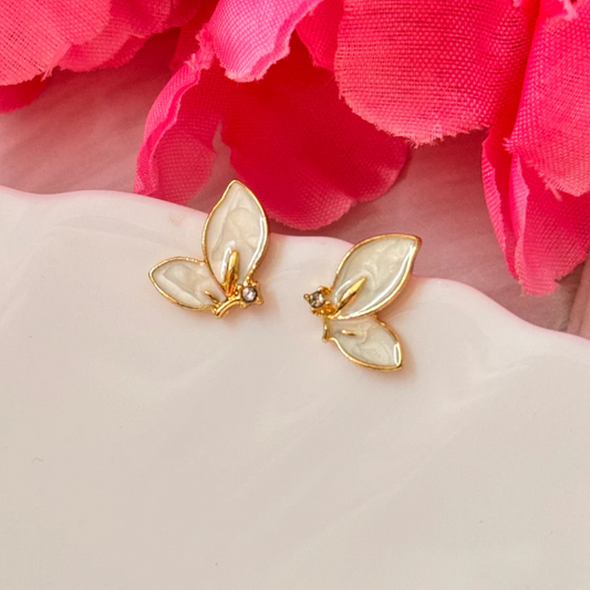 Korean Elegants Gold-Plated Butterflys Stud Earrings with White Enamel & Crystals Accents