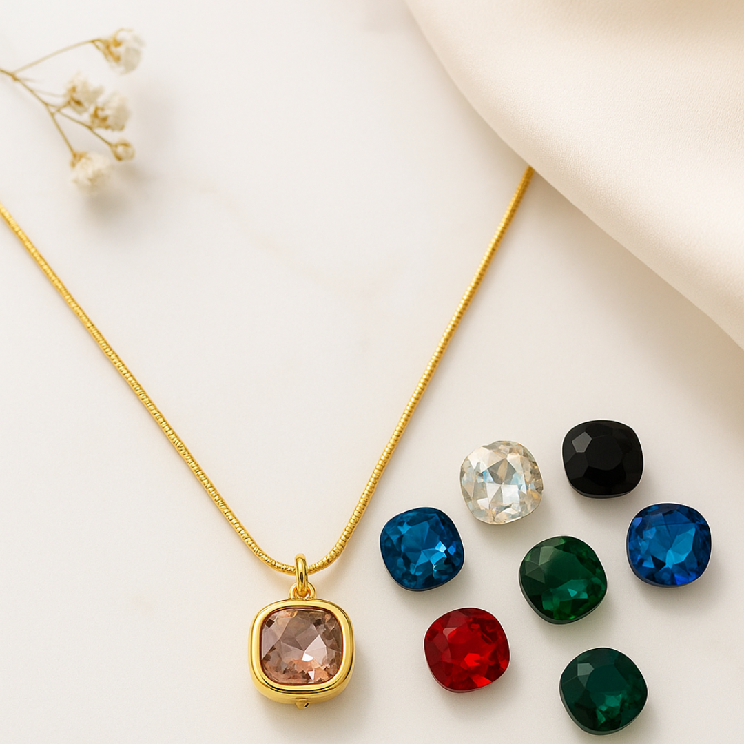 Gold-Plated Interchangeable Crystal Pendant Necklace with Multiple Colored Stones