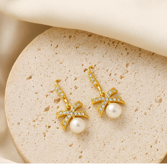 Gold Plated Bow Pearl Drop Earrings for Women – Elegant Party & Daily Wear Jewellery