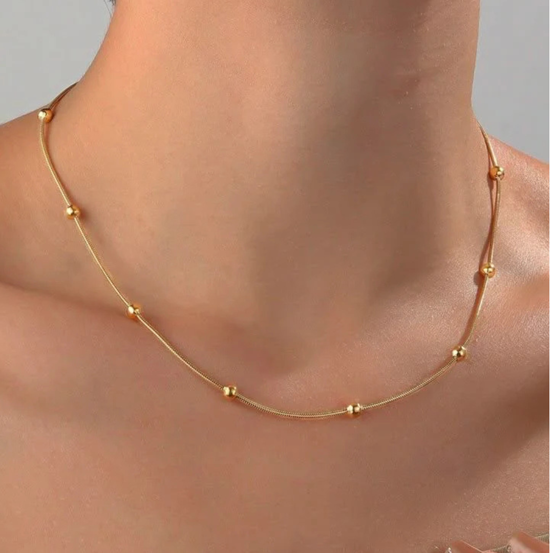 Western Stylish Golden Stainless Steel Beads Chain Necklace, Minimalist Style For Women And Girls