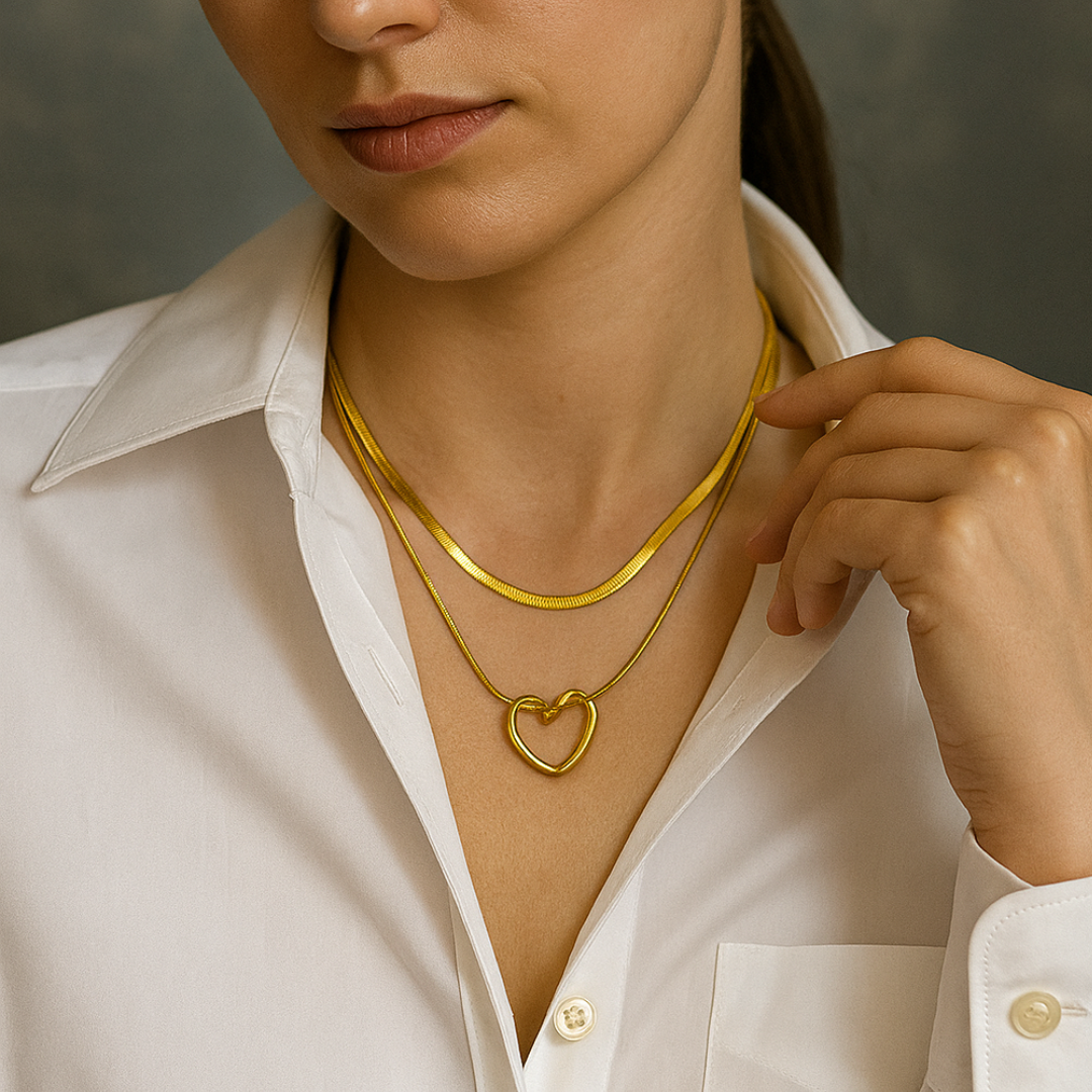 Double Layer Gold-Plated Heart Pendant Necklace for Women & Girls | Stylish Anti-Tarnish Chain | Korean Design | Daily & Party Wear Jewelry