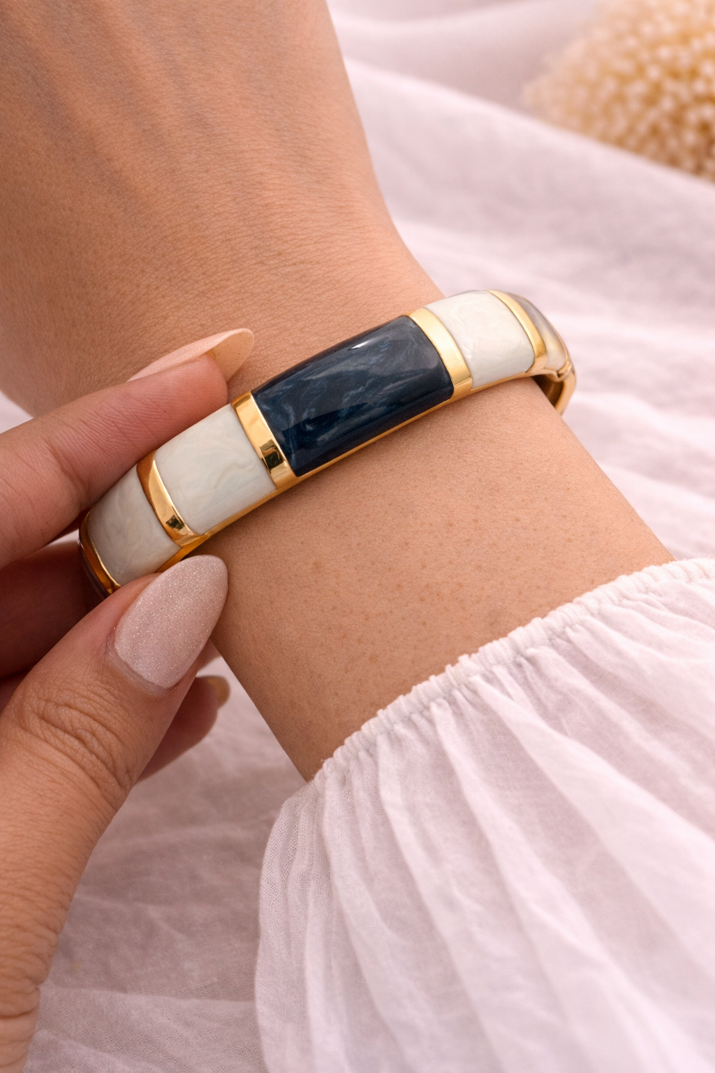 Luxury Enamel Gold Bracelet for Women | Anti-Tarnish Statement Cuff with Navy & Ivory Finish