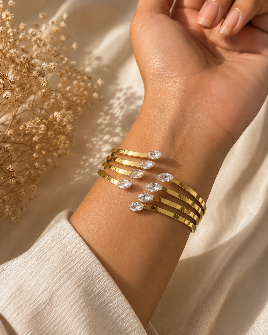 Gold Marquise Crystal Cuff Bracelet for Women | Anti-Tarnish Stainless Steel Open Cuff