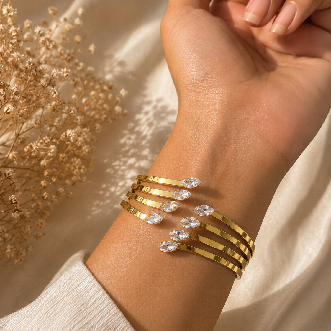 Gold Marquise Crystal Cuff Bracelet for Women | Anti-Tarnish Stainless Steel Open Cuff