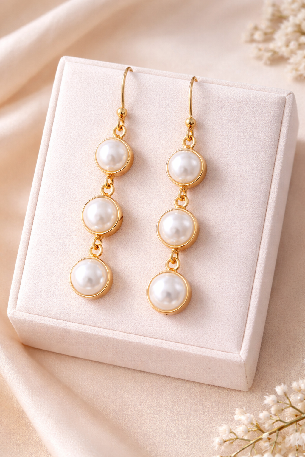 Pearl earrings on a white jewelry display box with a soft beige background