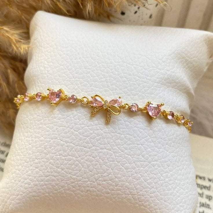 Pink Zircon Bow Knot Love Heart Chain Bracelet