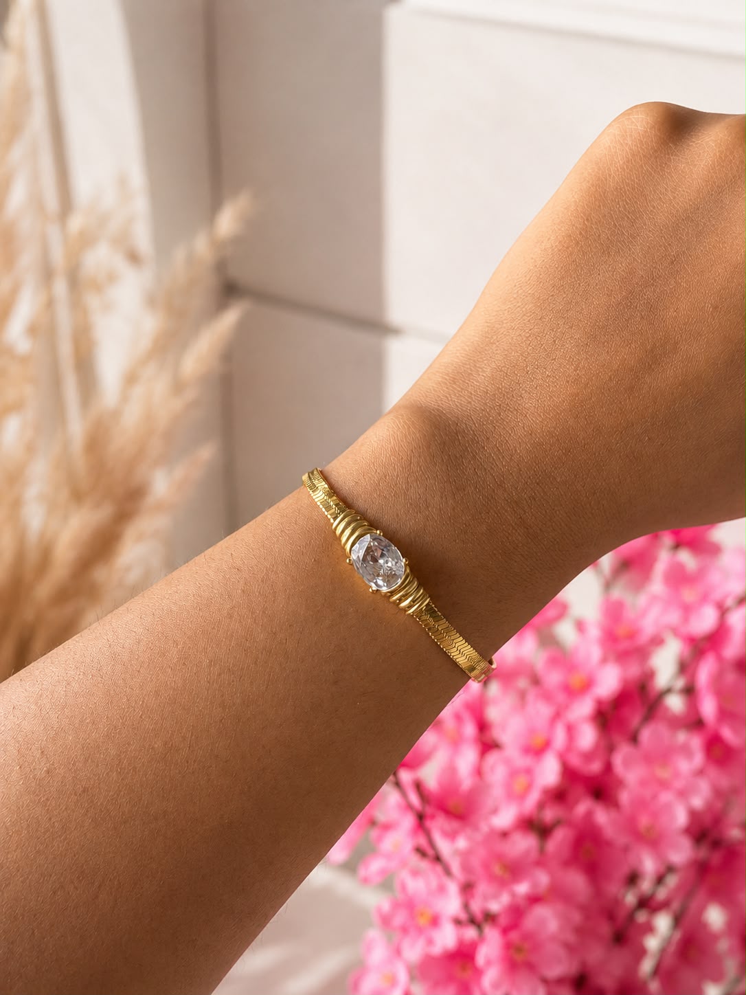 Gold Crystal Bracelet for Women | Elegant Ribbed Statement Bracelet