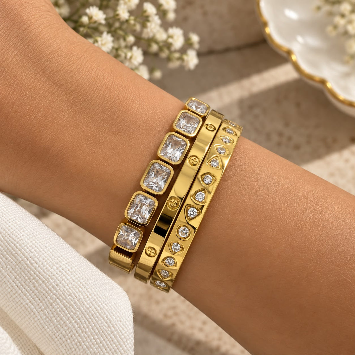Gold Crystal Stackable Bracelet Set for Women