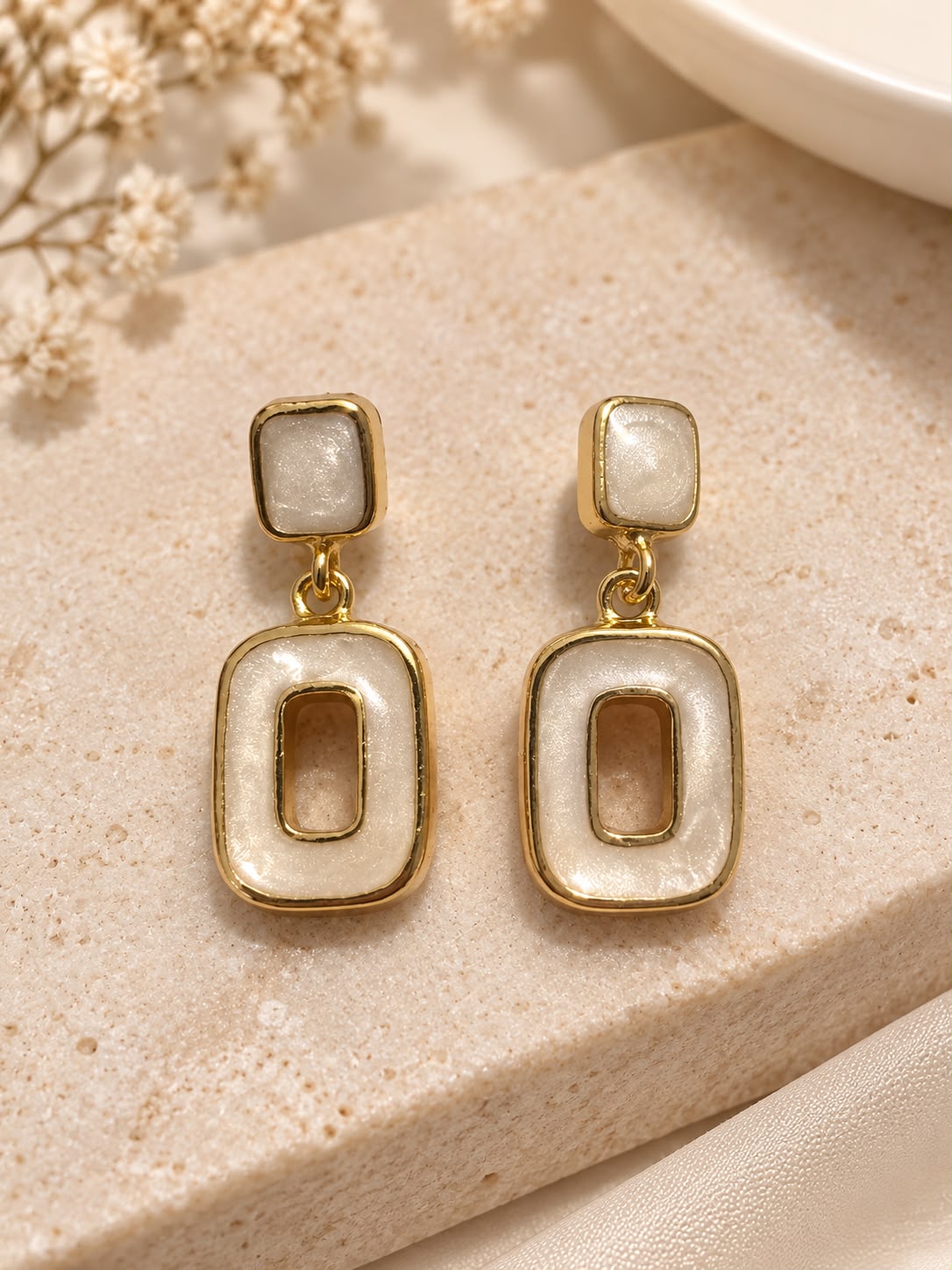 Pearl White Enamel Geometric Gold Drop Earrings