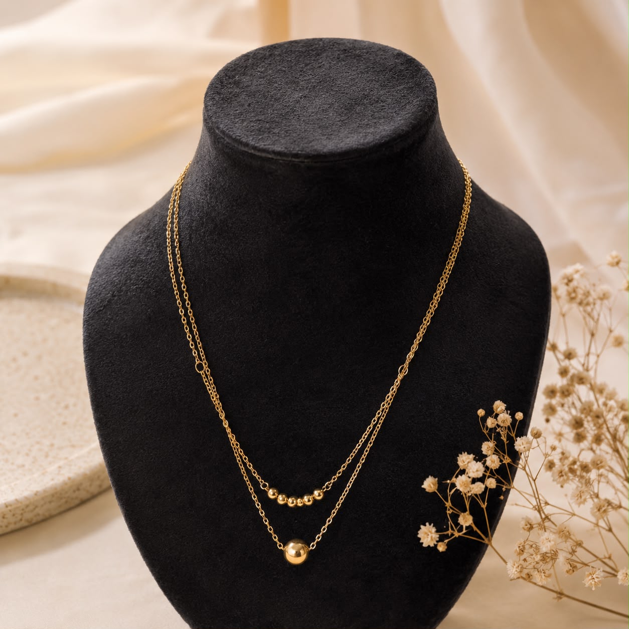Gold Layered Necklace for Women | Minimalist Beaded Ball Pendant Necklace