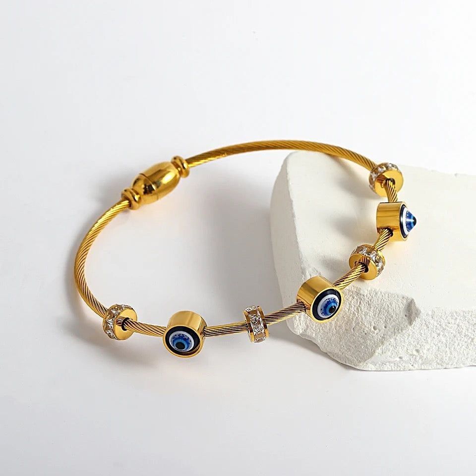 Gold-Plated Evil Eye Bracelet for Women | Anti-Tarnish Blue Eye Charm Bracelet with Crystal Spacers |