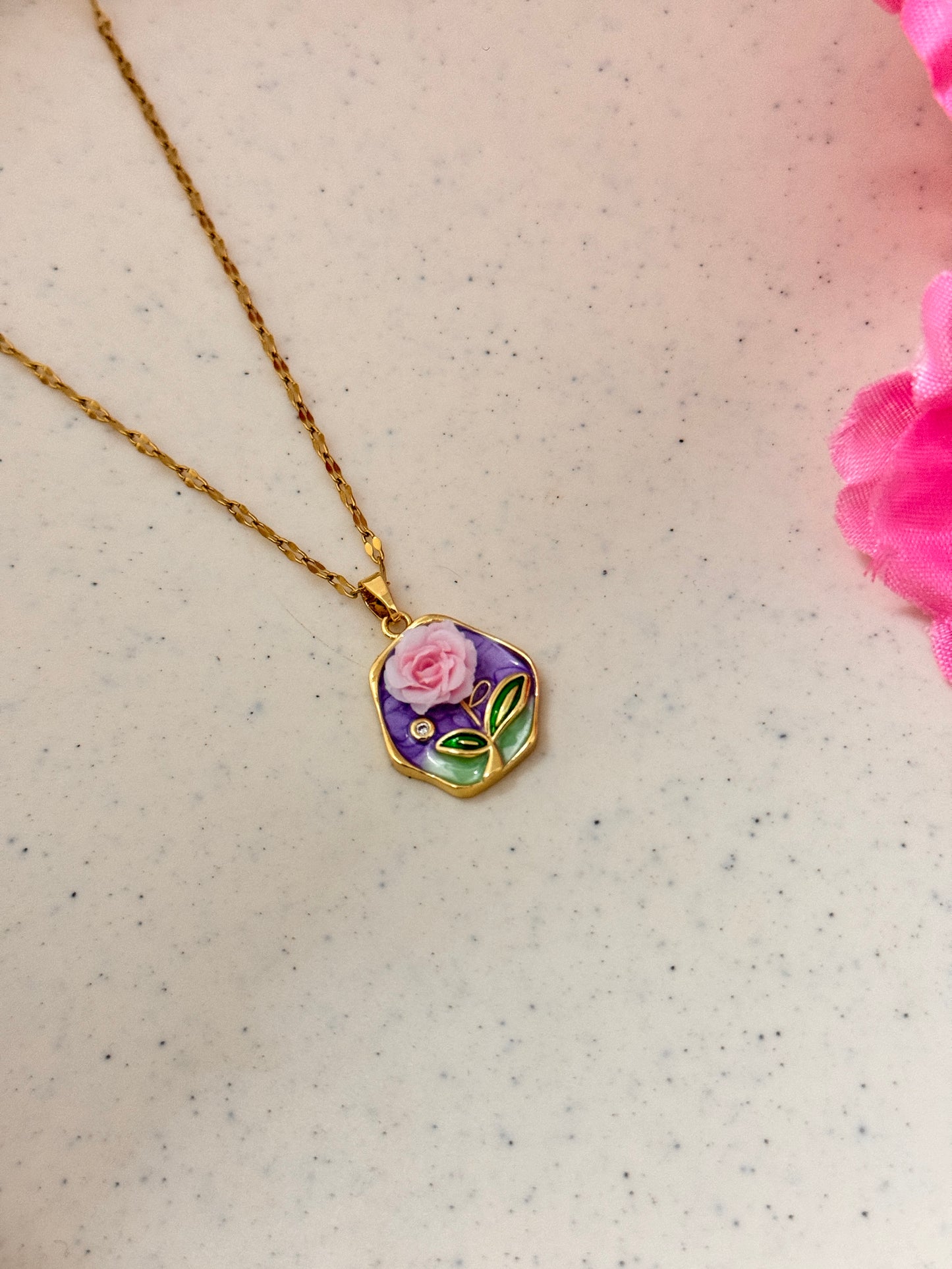 Enamel Rose Pendant Necklace – Gold Chain Floral Jewelry for Women