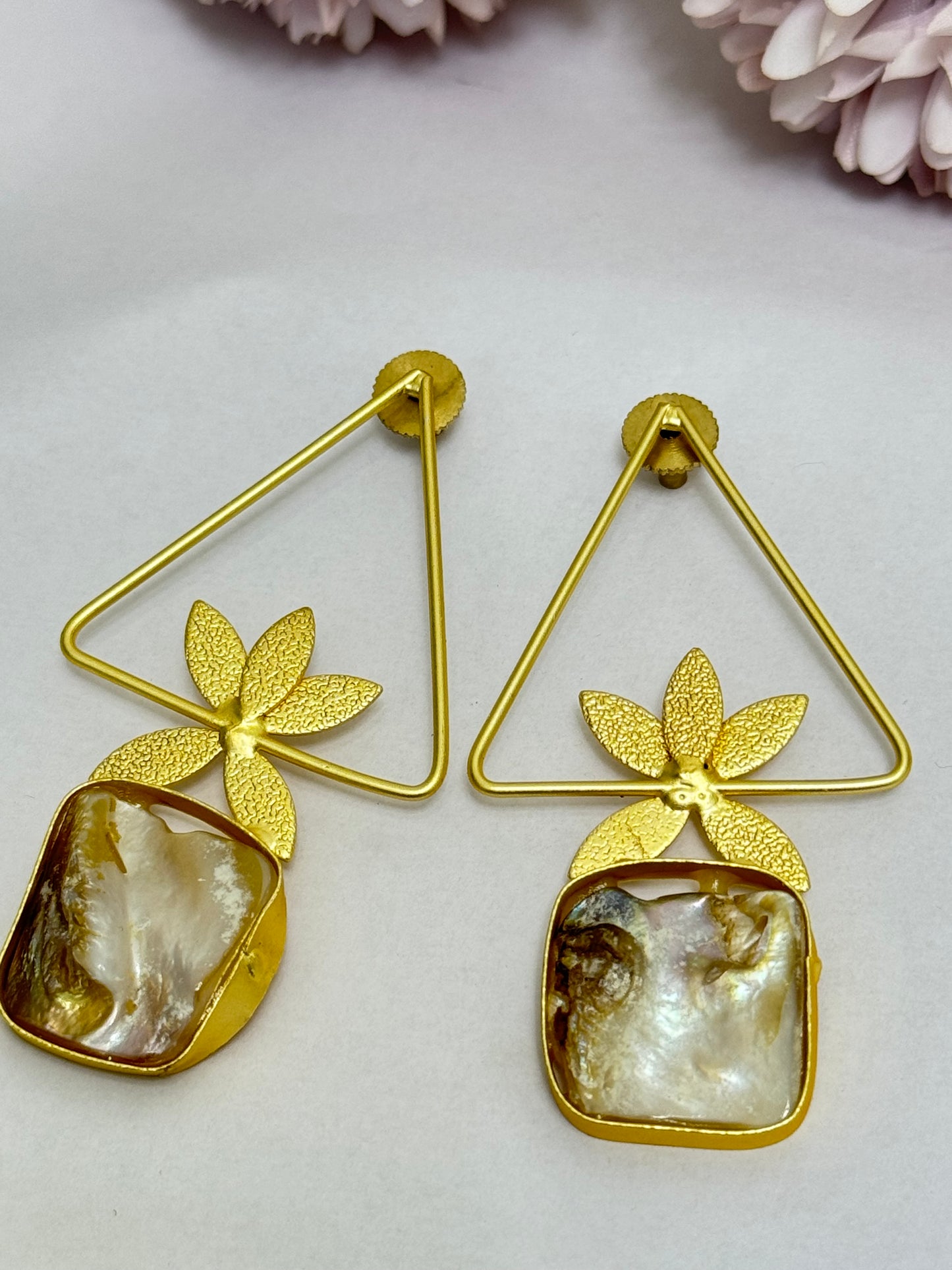 Triangular Uncut Stone Golden Brass Earrings