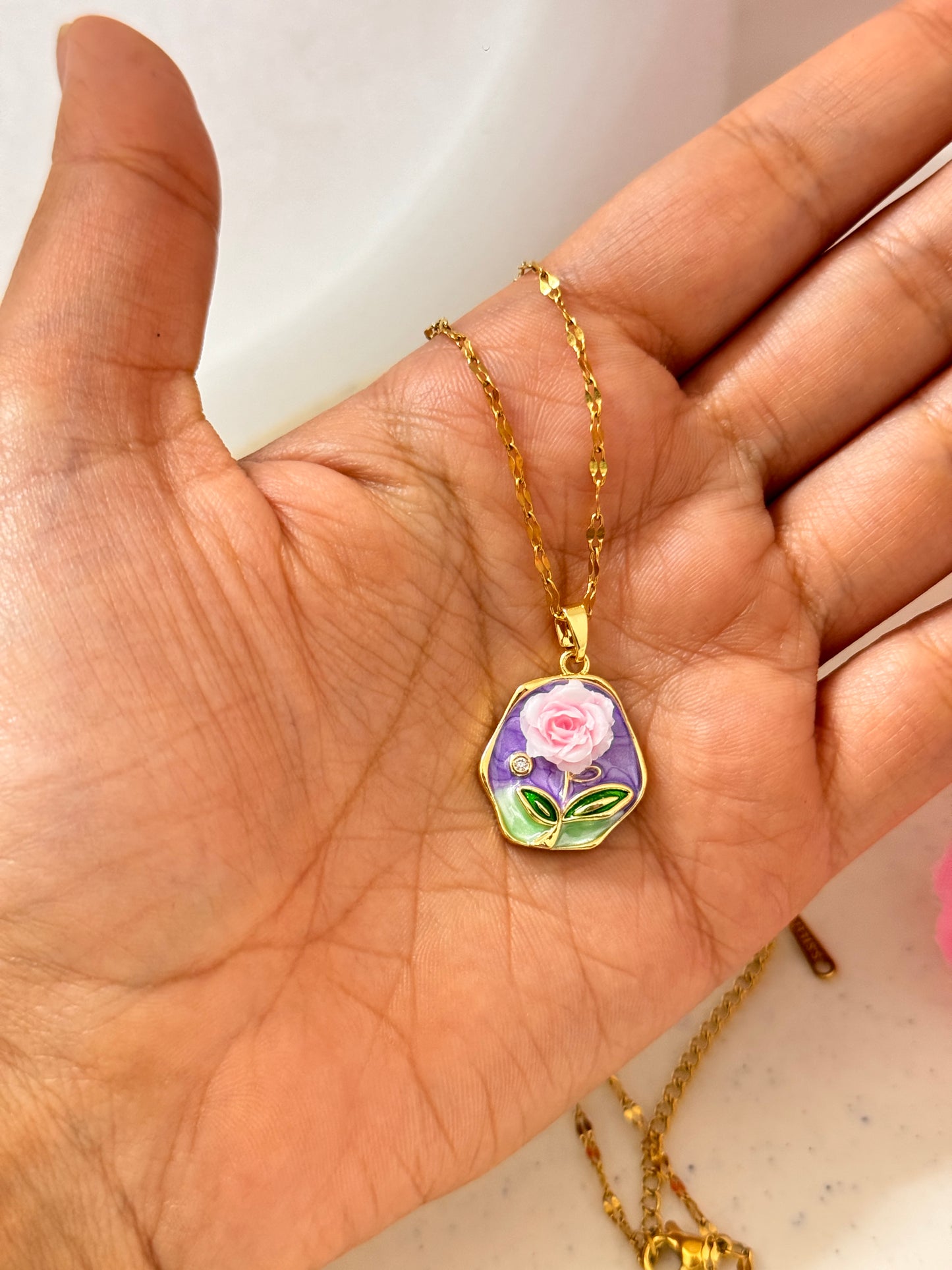 Enamel Rose Pendant Necklace – Gold Chain Floral Jewelry for Women