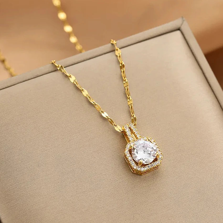 Gold Plated Square Shape AD Stone Pendant Chain