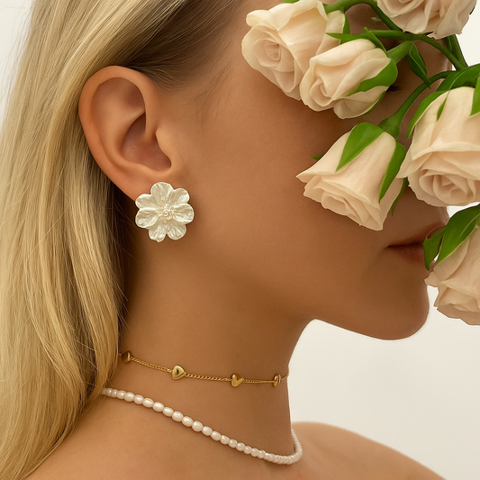 White Floral Statement Earrings – Chic Pearl Accent Studs