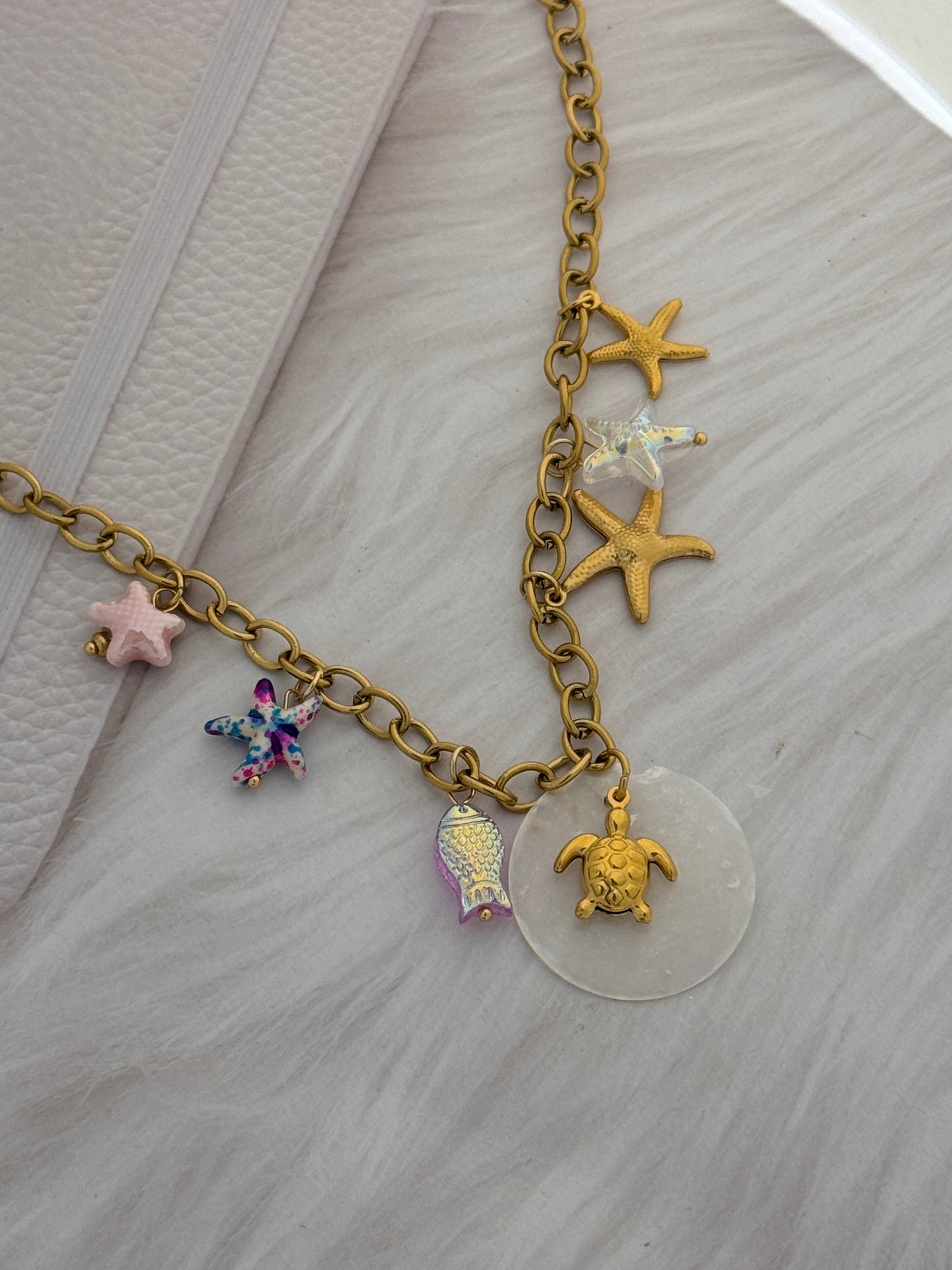 Gold Starfish & Turtle Beach Charm Necklace
