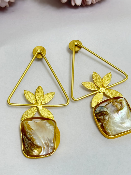 Triangular Uncut Stone Golden Brass Earrings