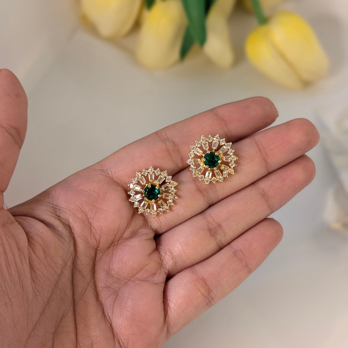 Gold Emerald Stud Earrings – Elegant Crystal Halo Design