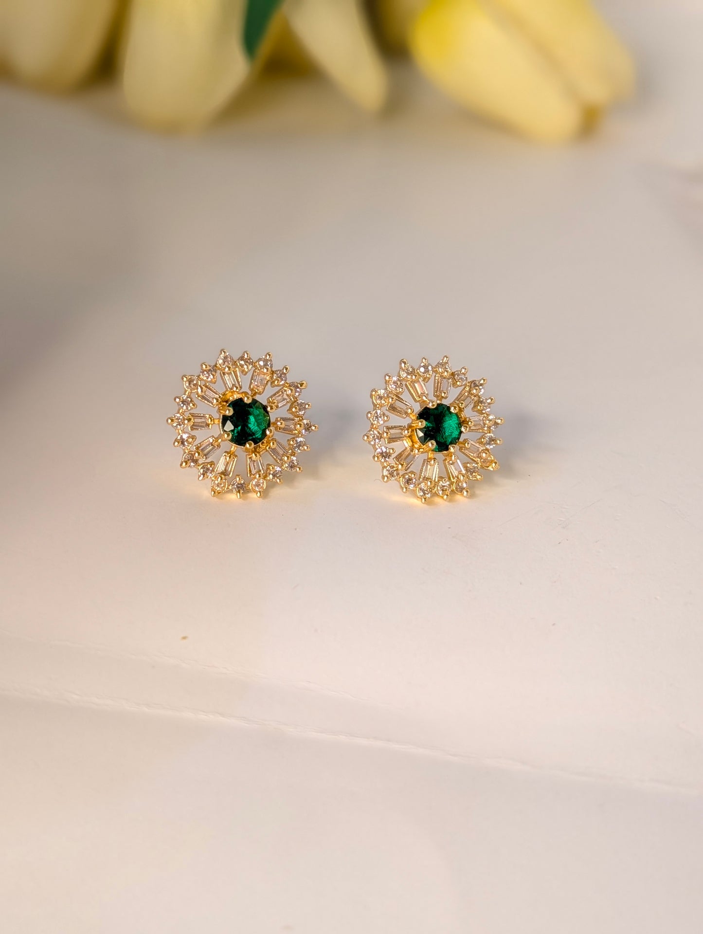 Gold Emerald Stud Earrings – Elegant Crystal Halo Design