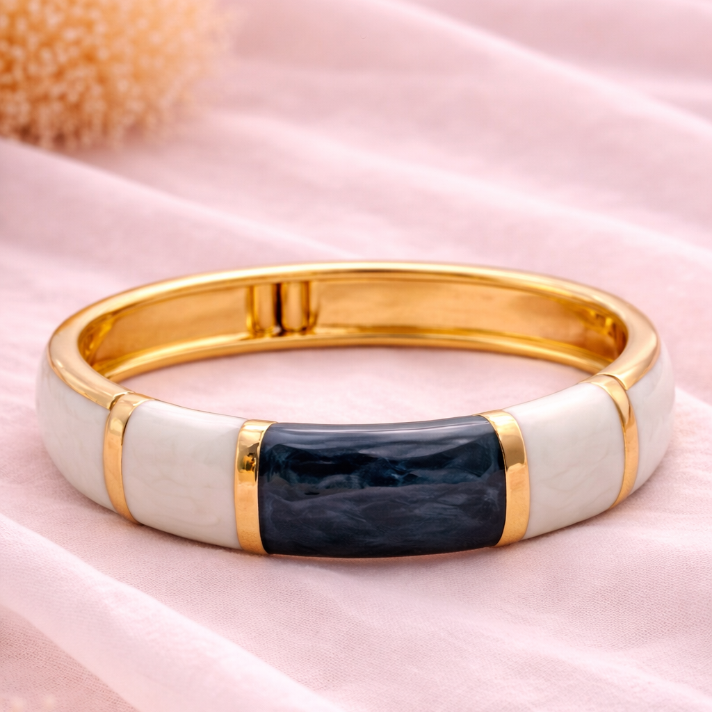 Luxury Enamel Gold Bracelet for Women | Anti-Tarnish Statement Cuff with Navy & Ivory Finish