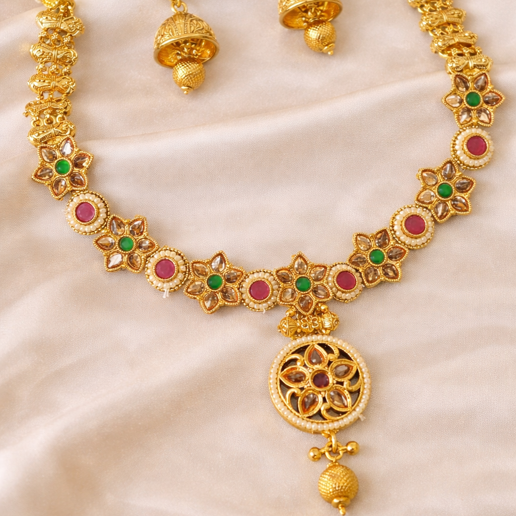 Gold necklace and earrings with gemstones on a beige fabric background